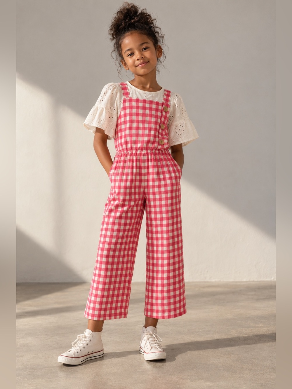 Girls Pink Gingham Jumpsuit Button Detail Size 7